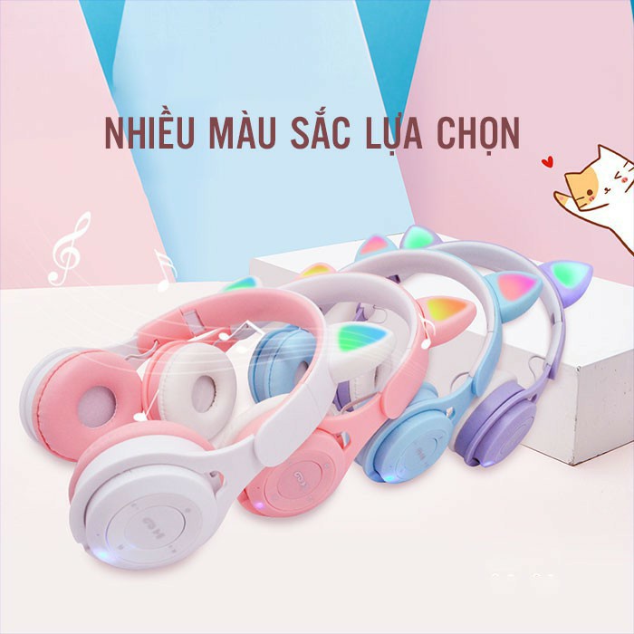 Tai nghe chụp tai bluetooth có mic headphone không dây cute dễ thương tai mèo nghe nhạc Led 7 màu, học online P47