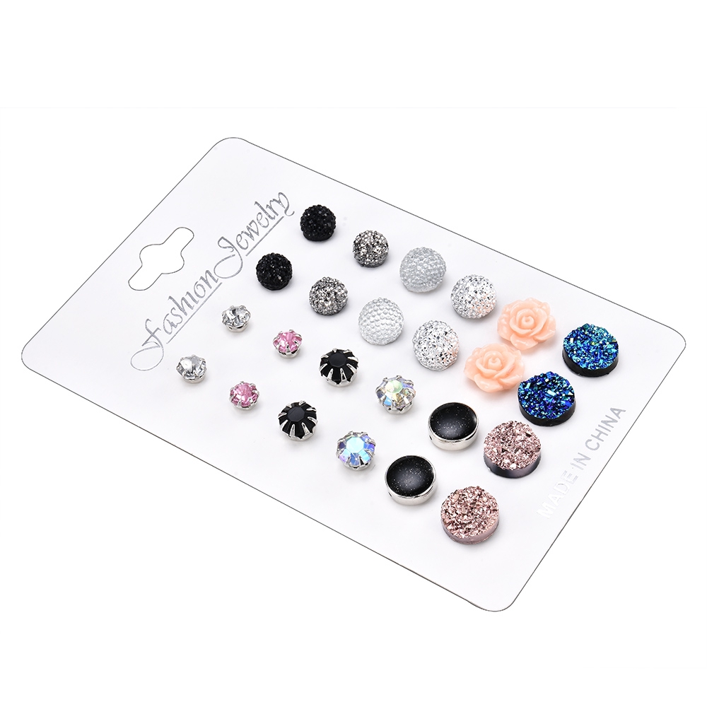 Bộ 12 đôi hoa tai đính đá lấp lánh xinh xắn dành cho nữ