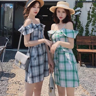 Đầm caro hở vai - thời trang đi biển - đầm best friend