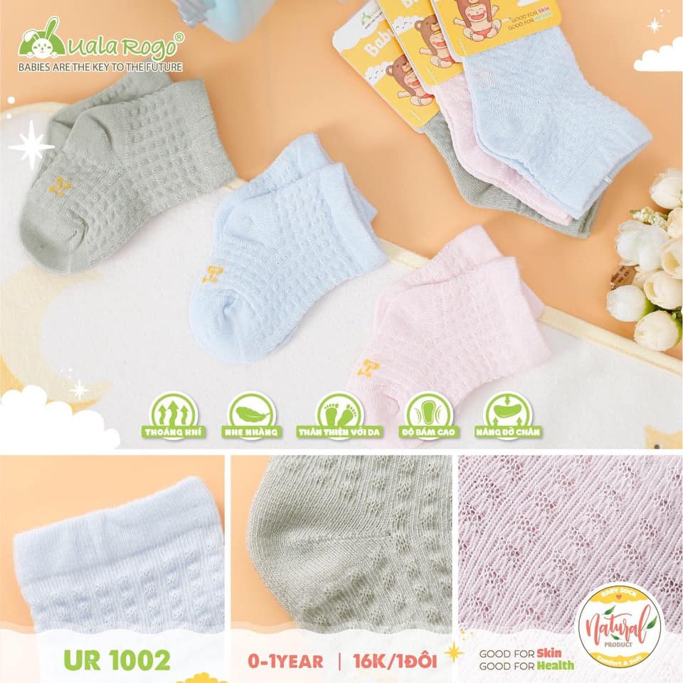 Combo 3 đôi tất lưới sợi tre UALA & ROGO bamboo size 0-12M ( chọn giới tính, mẫu ngẫu nhiên)