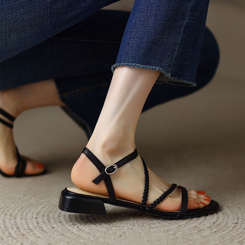 Giày xăng đan IELGY đế bằng dây chéo phong cách Pháp thời trang thanh lịch cho nữ