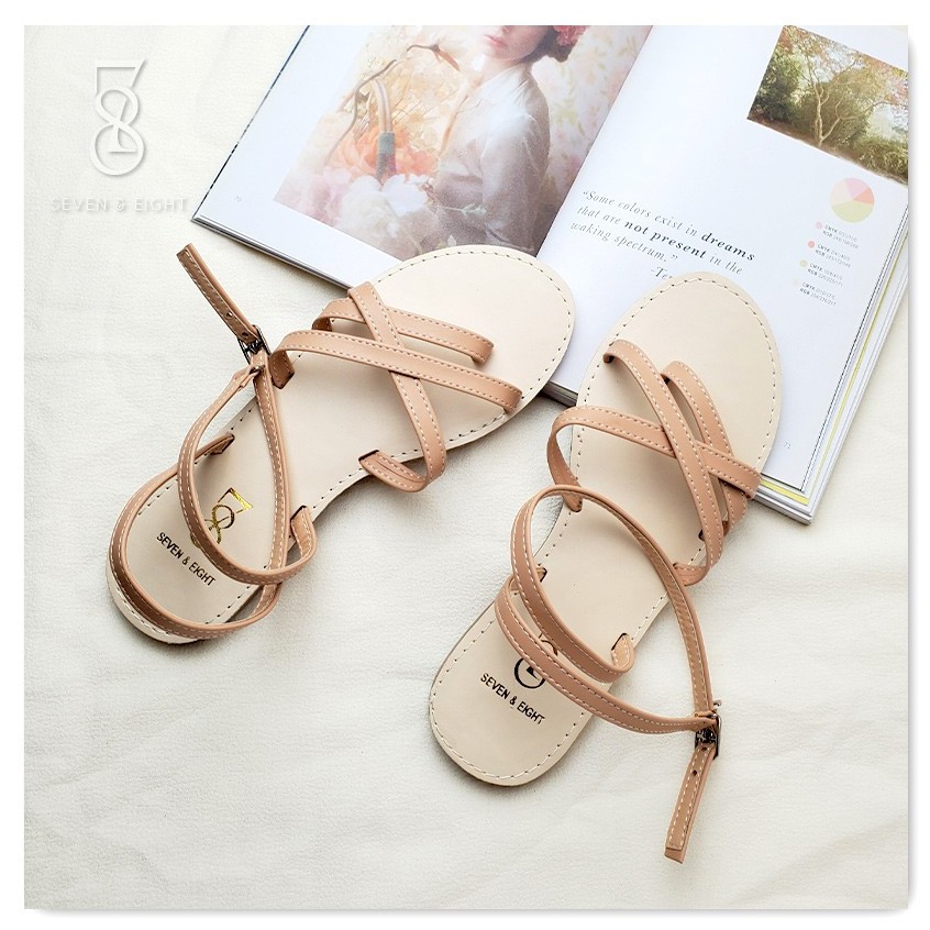 Giày Sandal Nữ Xỏ Ngón Đế Xẹp Hai Dây Phối Chéo Quai Hậu Seven & Eight - SX0005