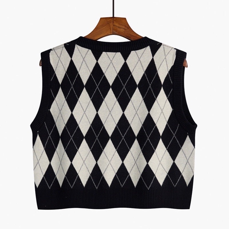 Áo len gile nữ dáng croptop hình thoi đan siêu chất