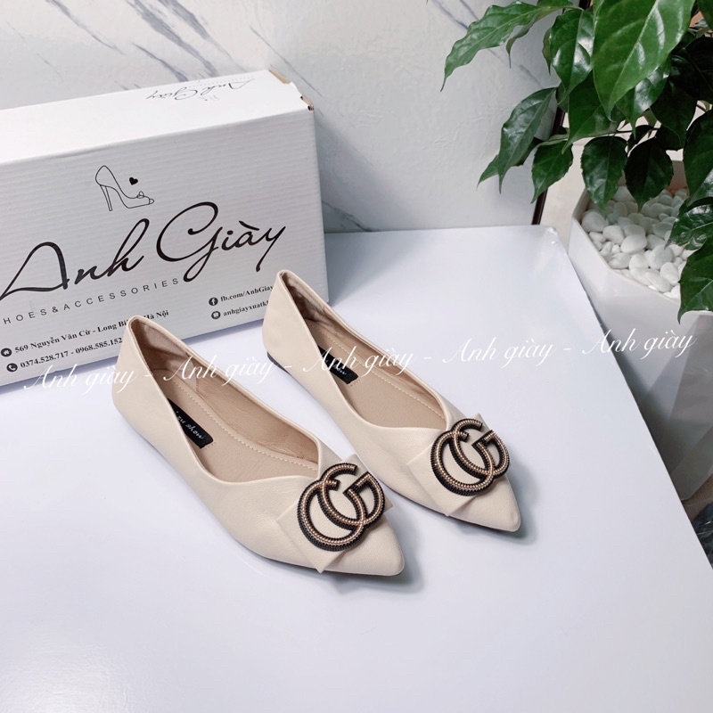 GB01 - Giày bệt , giày búp bê nữ da lì ,mũi nhọn đế cao su dẻo khoá chữ CG a mềm êm phù hợp đi học đi chơi 2 màu đen kem