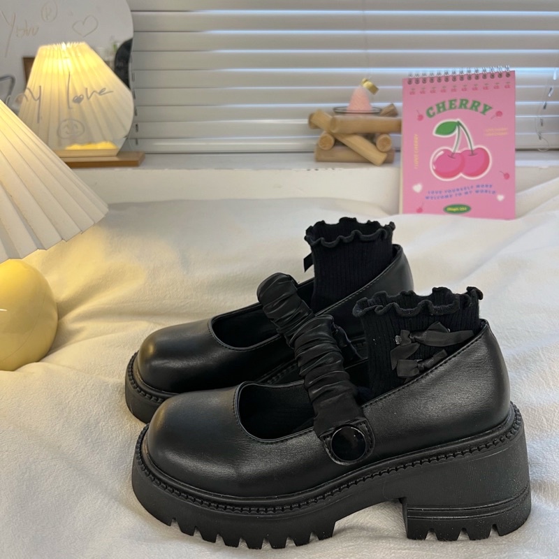 Giày lolita nữ độn đế cao quai chun nhún,Giày da ulzzang nữ phong cách Hàn Quốc LT58