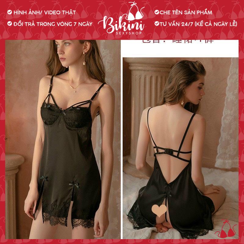 ❣️ Váy ngủ 2 dây sexy nữ xẻ đùi hở sau kèm chip lọt khe gợi cảm freesize màu đen/ trắng/ đỏ SN09