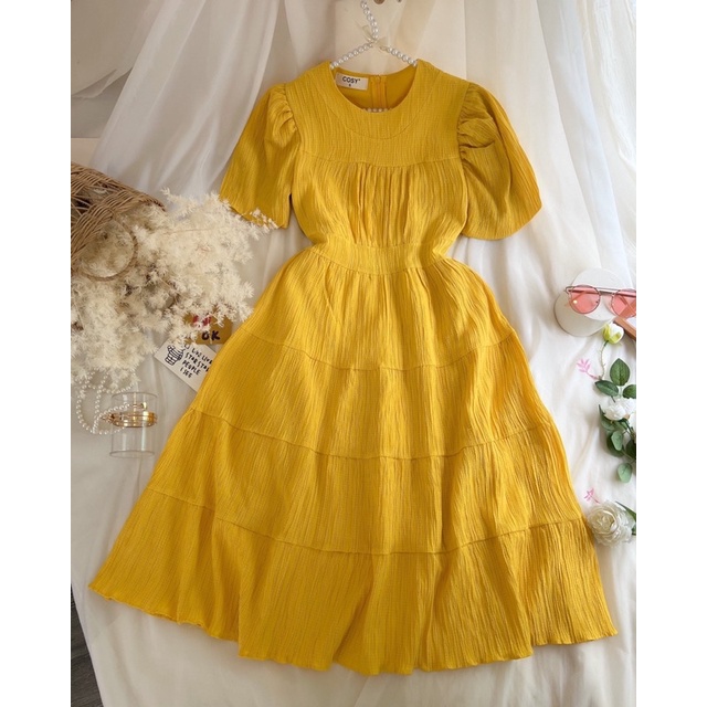 Đầm midi xốp tầng tay bồng CS