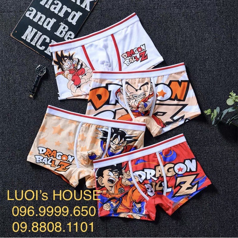 Set 4 Quần Lót Đùi Boxer Nam Hoạt Hình Ngộ Nghĩnh Siêu Nhân Songoku Luffy One Piece Chất Vải Cotton Kháng Khuẩn Vượt Trộ