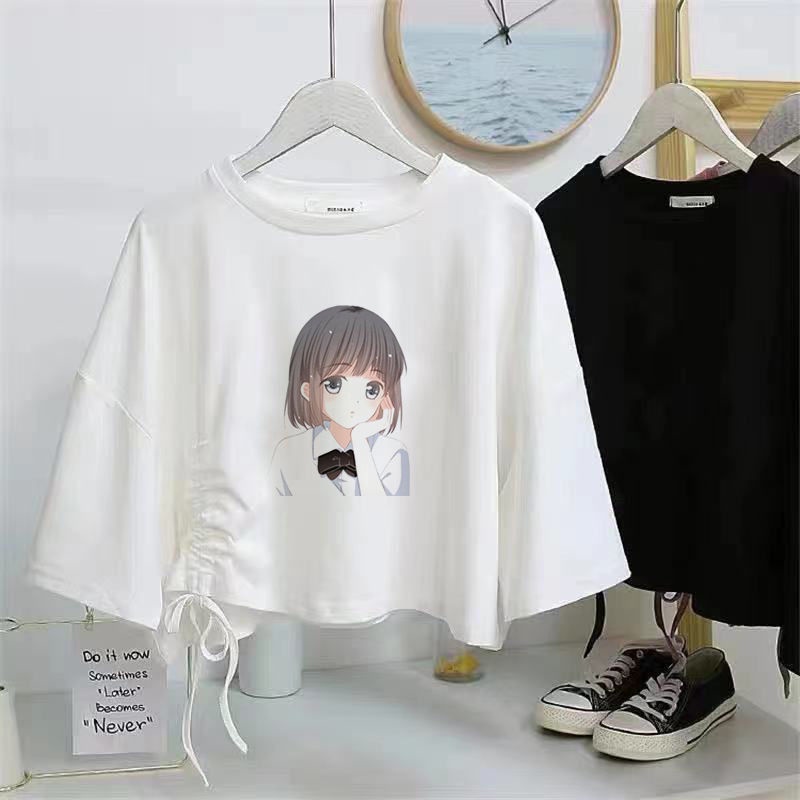 Áo Thun Tay Ngắn Dáng Rộng Phối Dây Rút Phong Cách Hàn Quốc Thời Trang Mùa Hè Năng Động