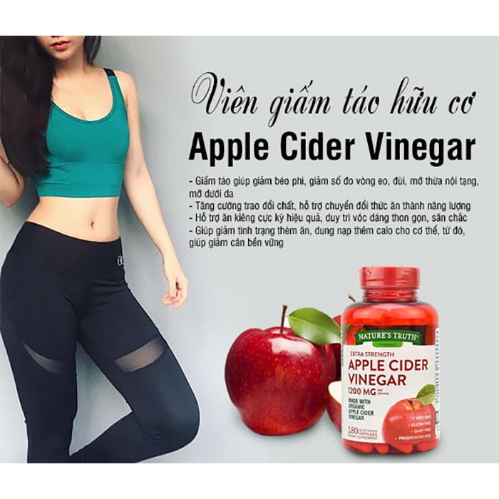 Viên uống giấm táo Apple Cider Vinegar 1200mg 180 viên - Giúp giảm cân, đẹp da, detox cơ thể