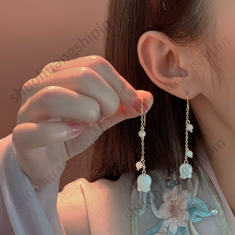 Khuyên Tai Dáng Dài Hình Hoa Tulip Đính Ngọc Trai Nhân Tạo Phong Cách Mới Thanh Lịch