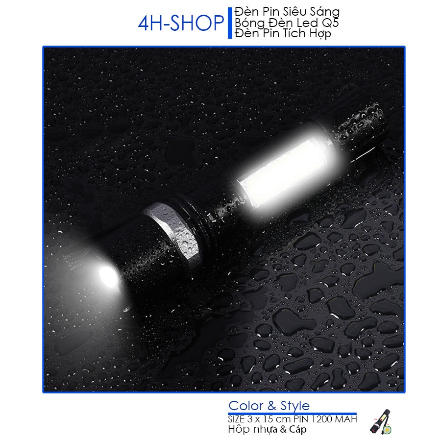 Đèn pin siêu sáng Led Q5 đèn cạnh COB, dùng pin sạc 1200mah, kim loại nhôm kèm hộp nhựa và cáp sạc cổng USB.