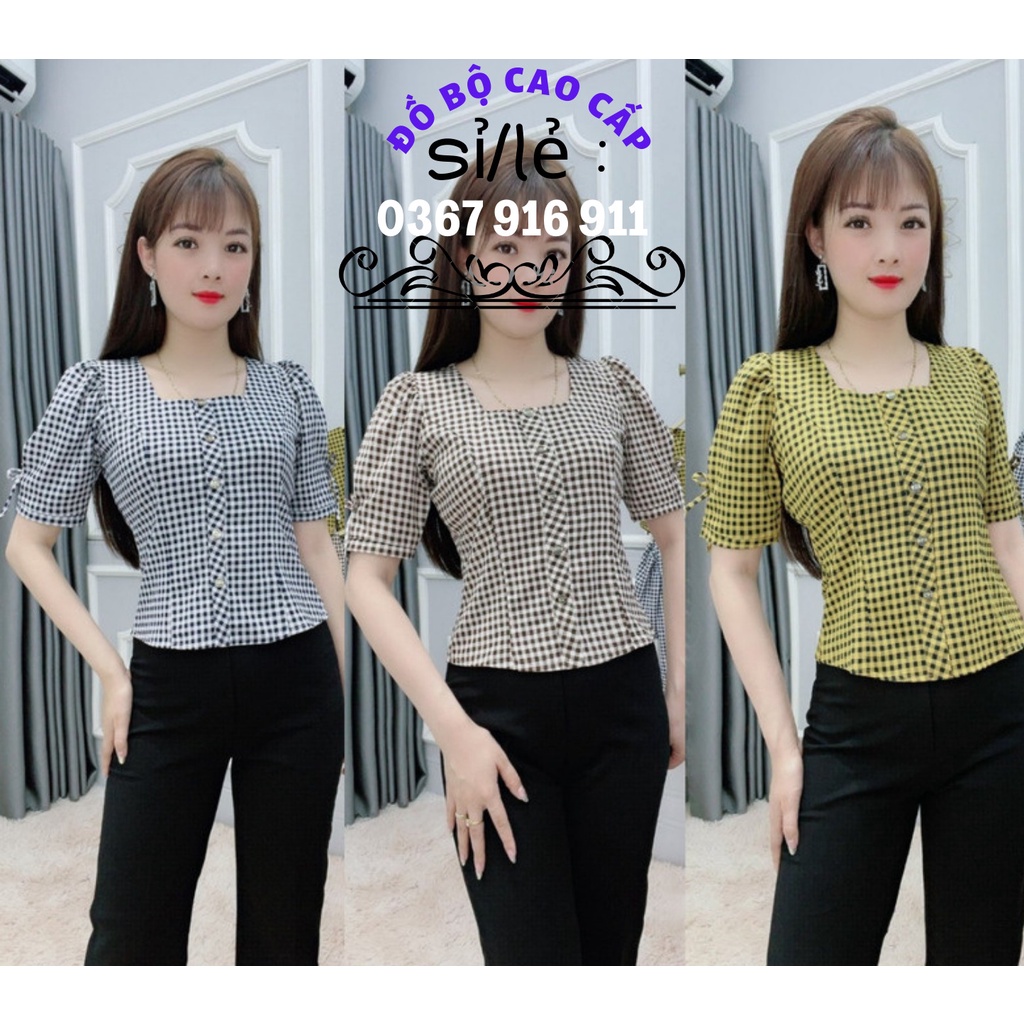 sơ mi nữ áo kiểu cổ vuông công sở họa tiết kẻ nhí