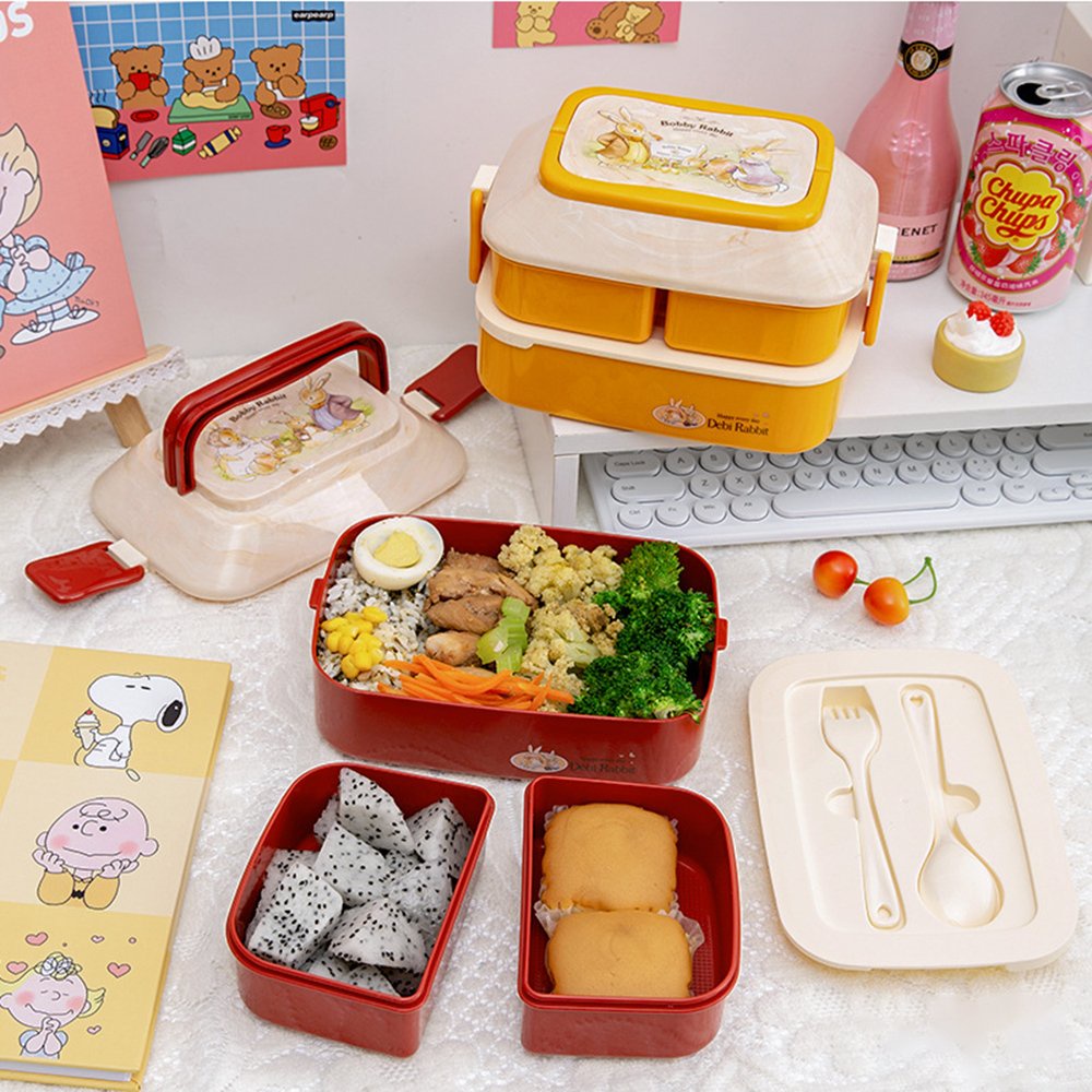 Hộp Đựng Cơm Phong Cách Hàn Quốc, Thiết Kế Đặc Biệt 2 Tầng, 3 Ngăn Tiện Lợi có sẵn