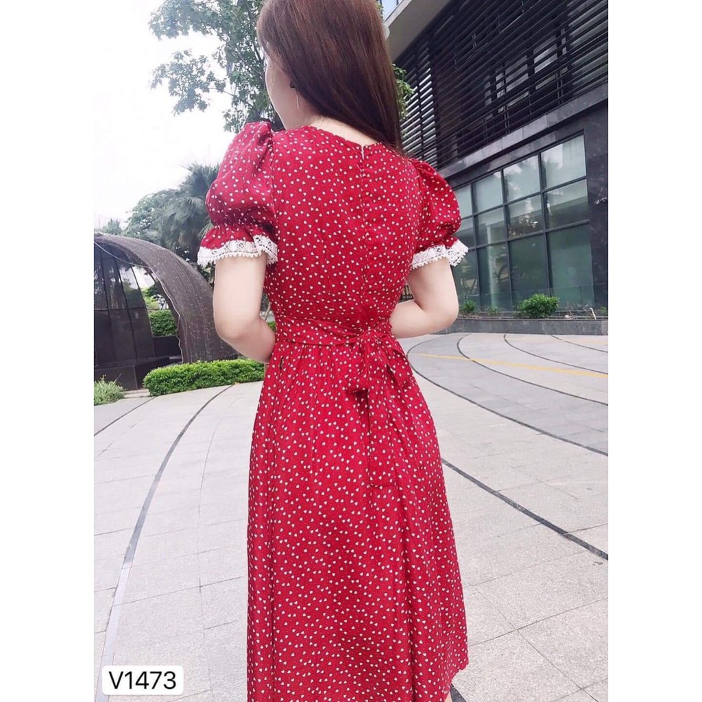 Đầm nữ tay ngắn màu đỏ chấm bi nữ tính Thời Trang Nữ stclothing