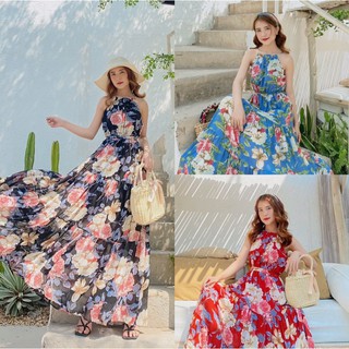 Đầm váy maxi đi biển, đi chơi, dạo phố 2 dây yếm hoa xếp tầng siêu sang - Minimiu