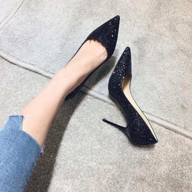 Cao gót đế đỏ gót sơn louboutin màu đen kim tuyến 9p