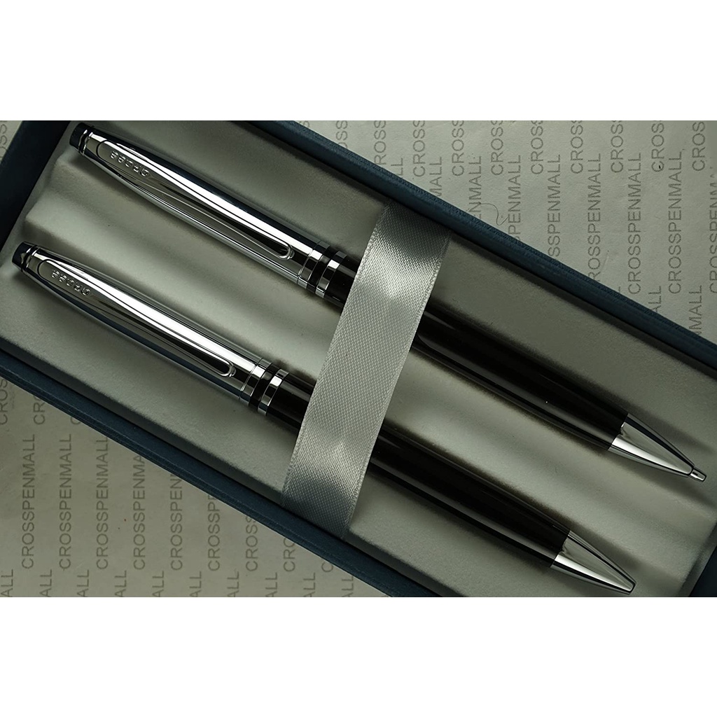 Cặp bút viết cao cấp chính hãng nhập từ Mỹ Cross LACQUER Chrome đen: viết bi + viết chì  làm quà tặng