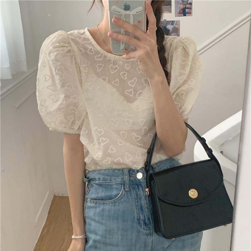 SUXI Áo Thun Tay Ngắn Cổ Tròn Trong Suốt Thêu Hình Trái Tim Nhỏ Màu Trơn Phong Cách Hàn Quốc Mùa Hè