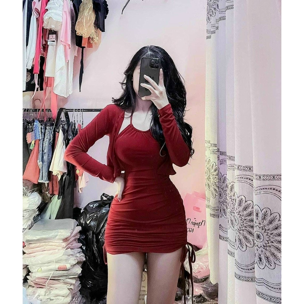 Set đầm yếm rút dây có mút ngực kèm áo khoác ngoài tay dài Có bigsize 60 - 80kg)
