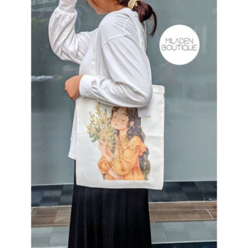 Túi Vải, Túi Tote Canvas Cao Cấp Fullbox, Girl Ôm Hoa miladen.