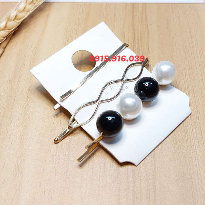 Set 3 Kẹp Hạt Châu Sắc Màu, Kẹp Tóc Nữ, Kẹp Tóc Đính Đá