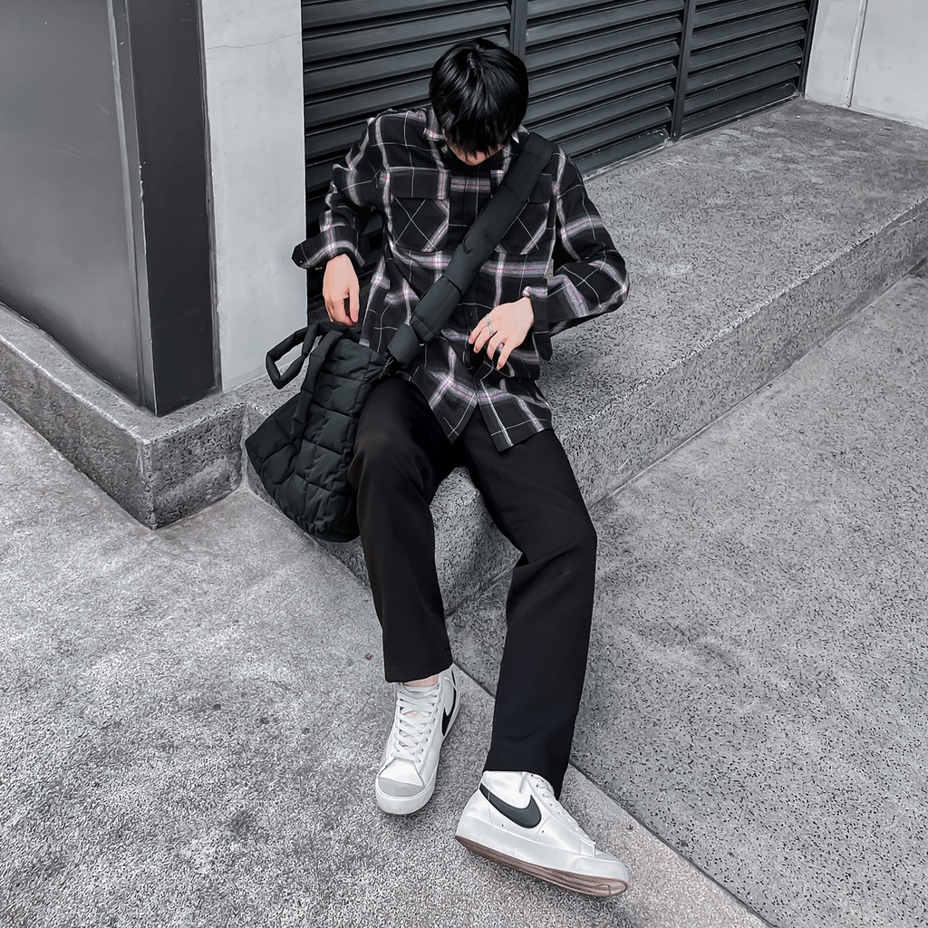 Áo Sơ Mi Flannel Màu Xám Đen Chất Liệu Cotton Thoáng Mát