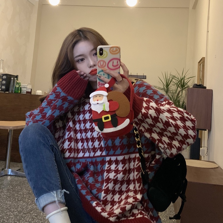 ZHELIHANGFEI Áo Len Tay Dài Họa Tiết Houndstooth Phong Cách Nhật Bản Dễ Phối Đồ