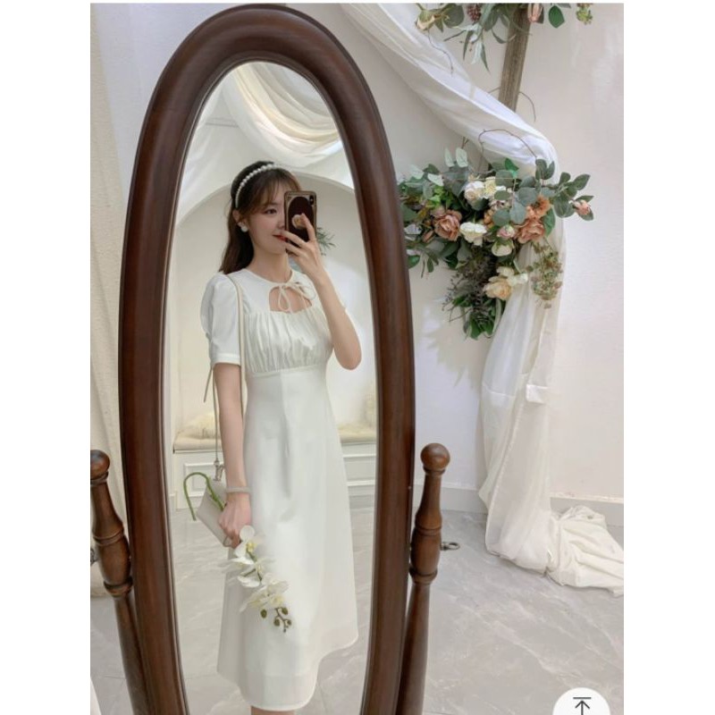 Đầm midi dress trắng dự tiệc nơ cổ tiểu thư ULZZANG xinh xỉu | BigBuy360 - bigbuy360.vn