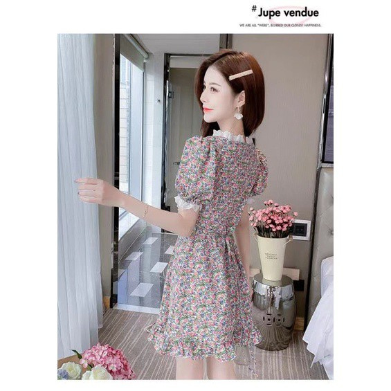 【TK】Floral dress with short sleeves, high waist dress, retro V-neck bubble sleeves, floral medium and long dress, summer new French waist slimming Platycodon skirt girls skirt