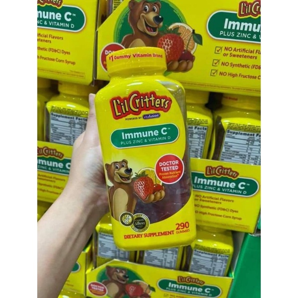 (Date t4/2023) Kẹo dẻo gấu bổ sung Vitamin C, Vitamin D và Kẽm L’il Critters Immune C plus Zn &amp; Vitamin D 290 viên