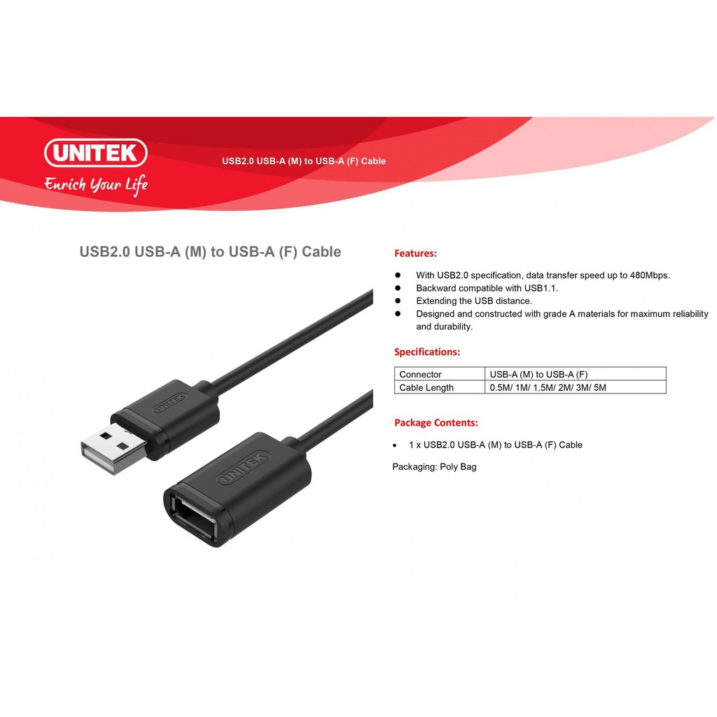 Cáp USB nd Unitek 1.8m YC 416 , 3m YC 417GBK , 5m YC 418GBK, 10m YC 429, Cáp usb nối dài đầu đực đầu cái Unitek