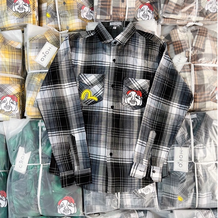 Áo Sơ Mi Nam Tay Dài Vải Nỉ Caro In Hình EVISU Phong Cách Độc Lạ Thời trang Hot Trend Mới