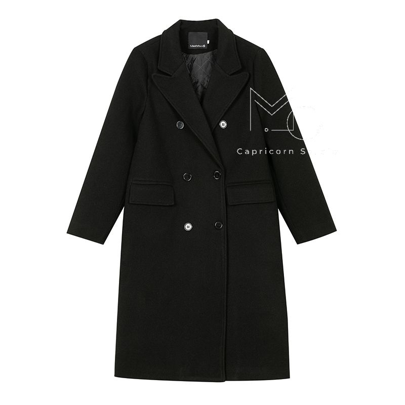 Áo khoác dạ đen dáng dài cao cấp hai hàng cúc dễ dàng phối đồ