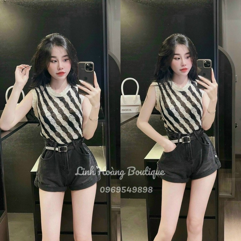 Áo sát nách len lưới mỏng sọc đen trắng chéo dáng ôm AL6962 - NhiNhi Shop