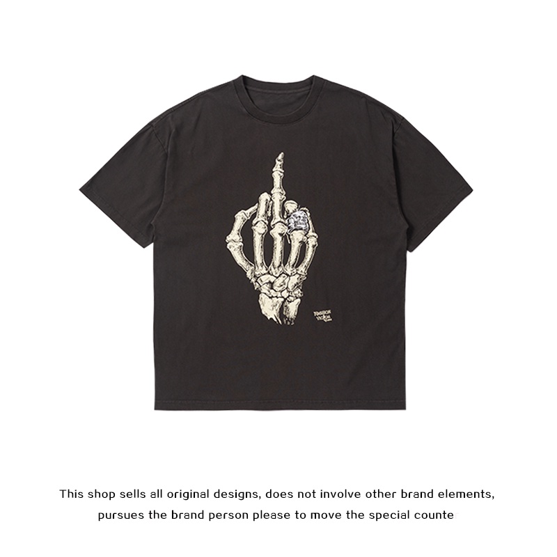 Fog AMIRI Street Wear GALLERY DEPT Áo Thun Tay Ngắn Cổ Tròn Dáng Rộng In Hình Xương Bàn Tay Phong Cách Đường Phố Cho Nam