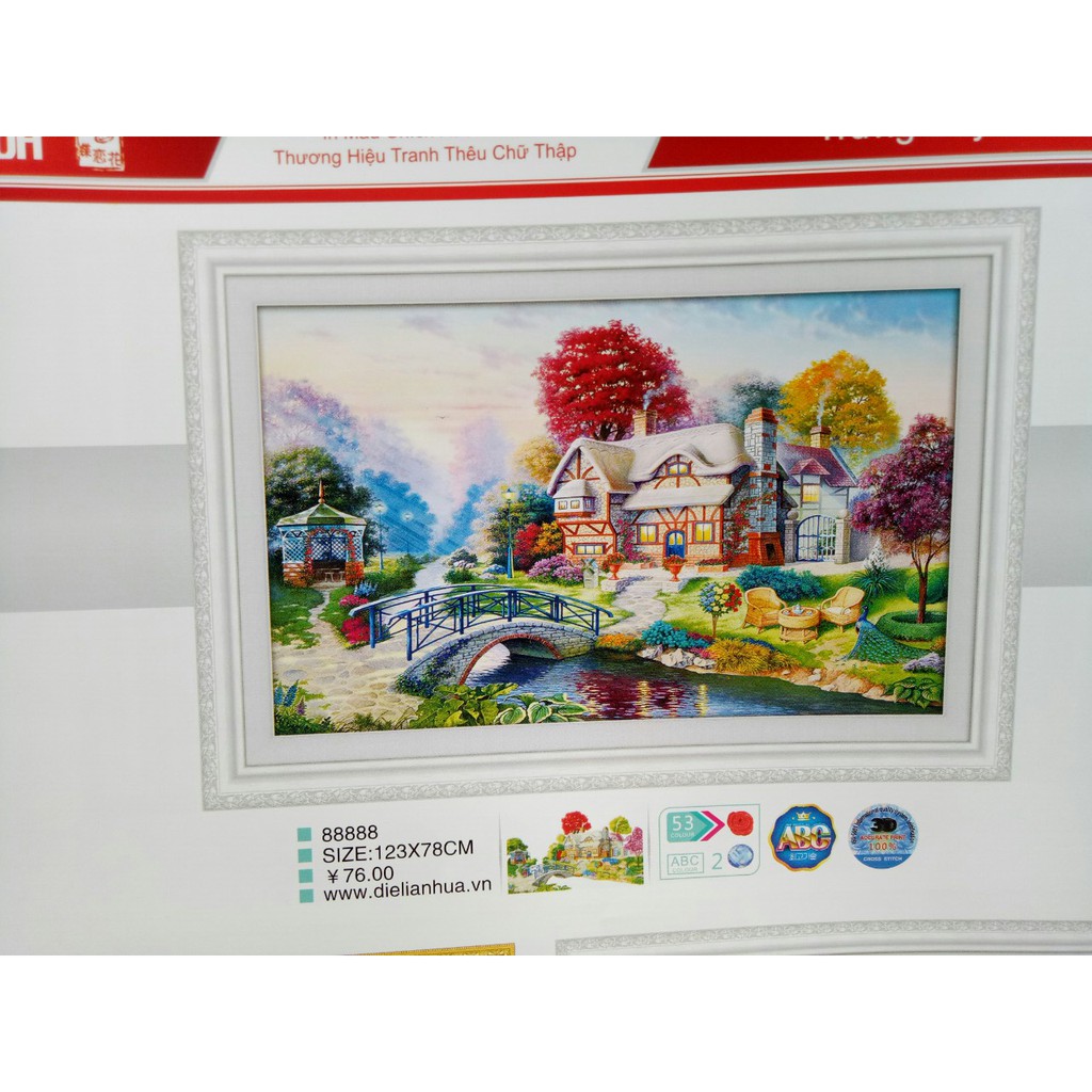 tranh thêu chữ thập phong cảnh ngôi nhà phương tây kt 123x78cm