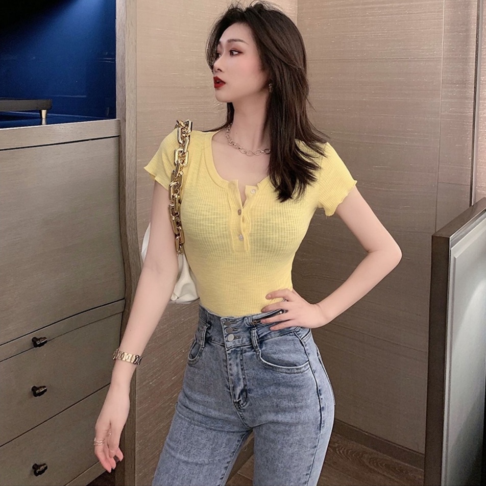 Áo Dệt Kim Ngắn Tay Cổ Chữ V Gợi Cảm