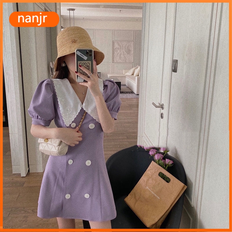 Váy ngắn tay màu tím của nữ Váy midi sinh viên mùa hè