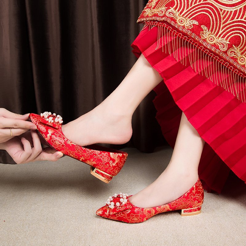 Giày Cưới Cao Gót Nữ Màu Đỏ Thêu Kiểu Trung Quốc Cho Cô Dâu