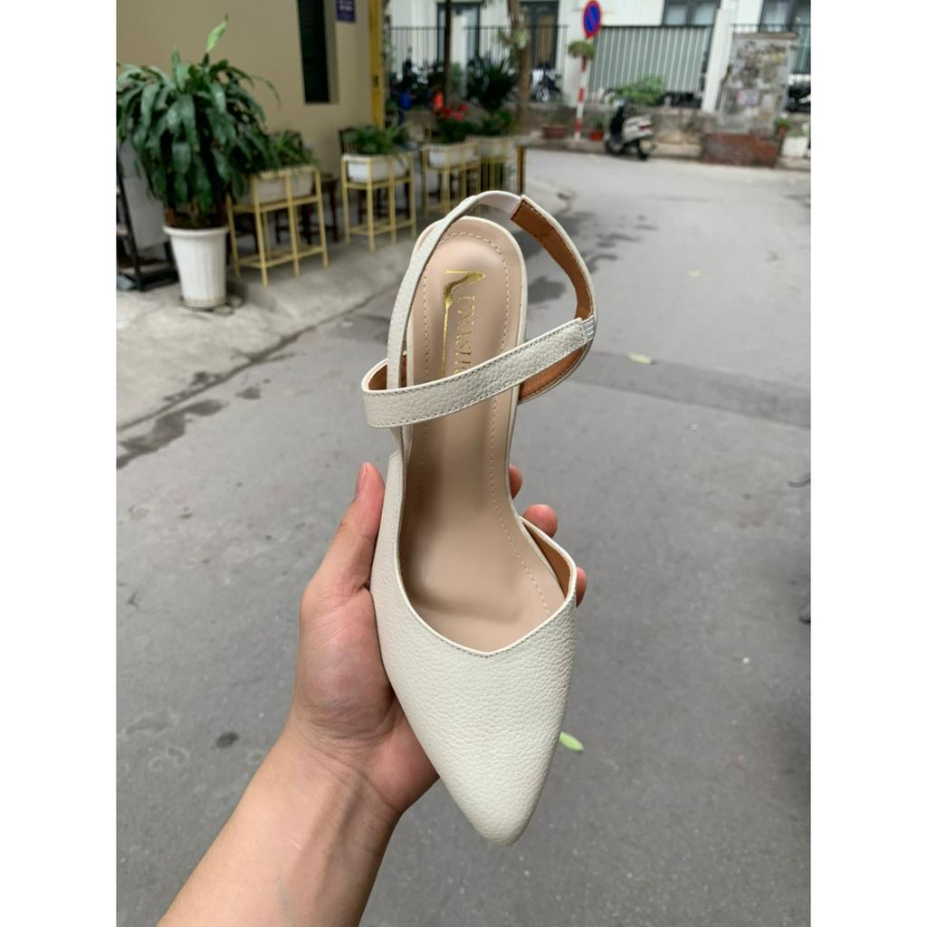 Giày cao gót nữ 7p có quai hở gót LUNASHOES 8010 da bò thật mũi nhọn êm chân đế chống trơn không phát ra tiếng