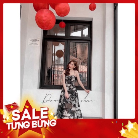 -Hàng nhập khẩu Đầm maxi hai dây dáng dài họa tiết trắng đen thướt tha, đẹp dịu dàng Lemy Liên hệ mua hàng 084.209.198