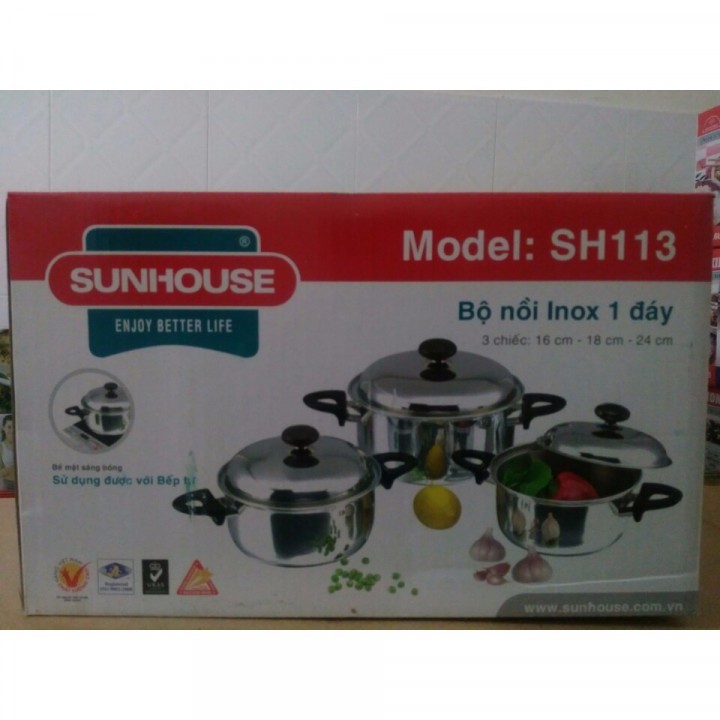 BỘ NỒI INOX 3 CHIẾC 1 ĐÁY SUNHOUSE SH113