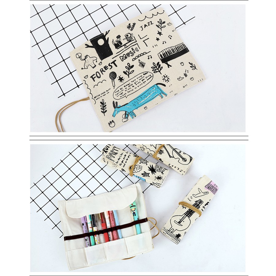 Hộp bút vải canvas dạng túi cuộn Graffity, hình cô gái kiểu Hàn Quốc, mẫu bóp viết độc đáo, cho nam, nữ HBV37