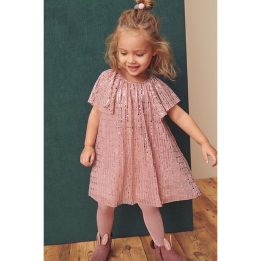 Váy Suông Bé Gái Tay Rũ Sequin Hồng Next