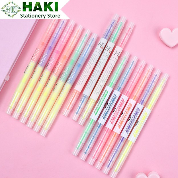 Bút highlight pastel dạ quang 2 đầu HAKI, bút đánh dấu nhớ dòng cute nhiều màu marker dễ thương B09