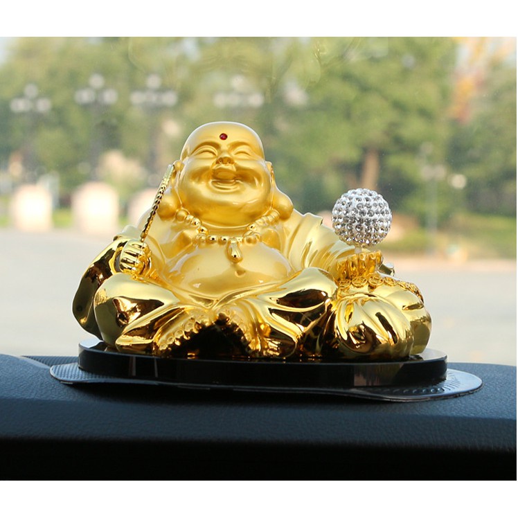 Tượng phật Di Lặc cầm quạt quả cầu xoay bằng năng lượng mặt trời trang trí taplo xe hơi, bàn làm việc, ban thờ