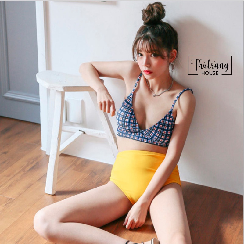 Bikini nữ 2 mảnh đi biển sexy - đồ bơi nữ che khuyết điểm họa tiết kẻ sọc cạp cao M07