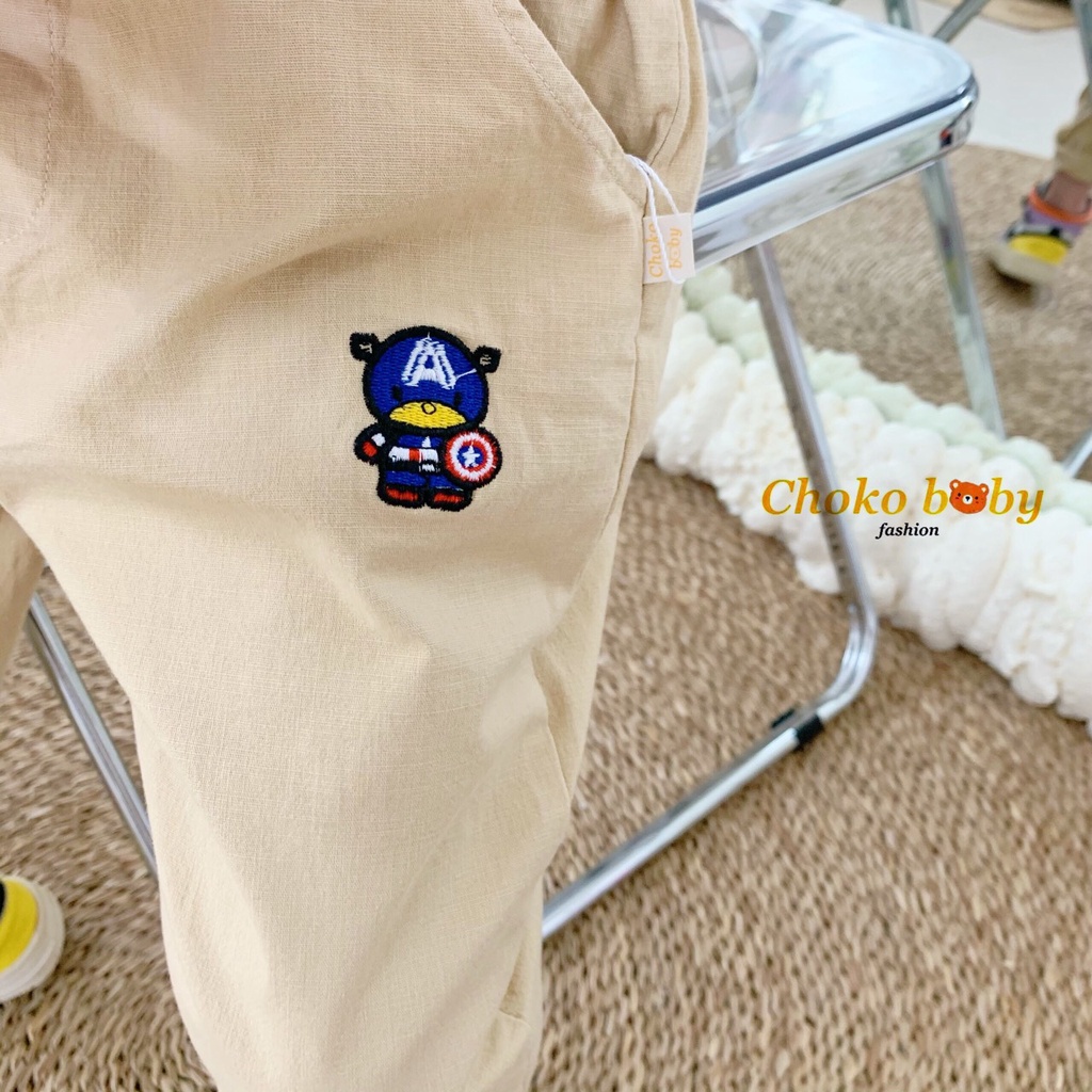 Quần dài bé trai thêu hoạ tiết siêu anh hùng, quần linen dài cá tính bé trai