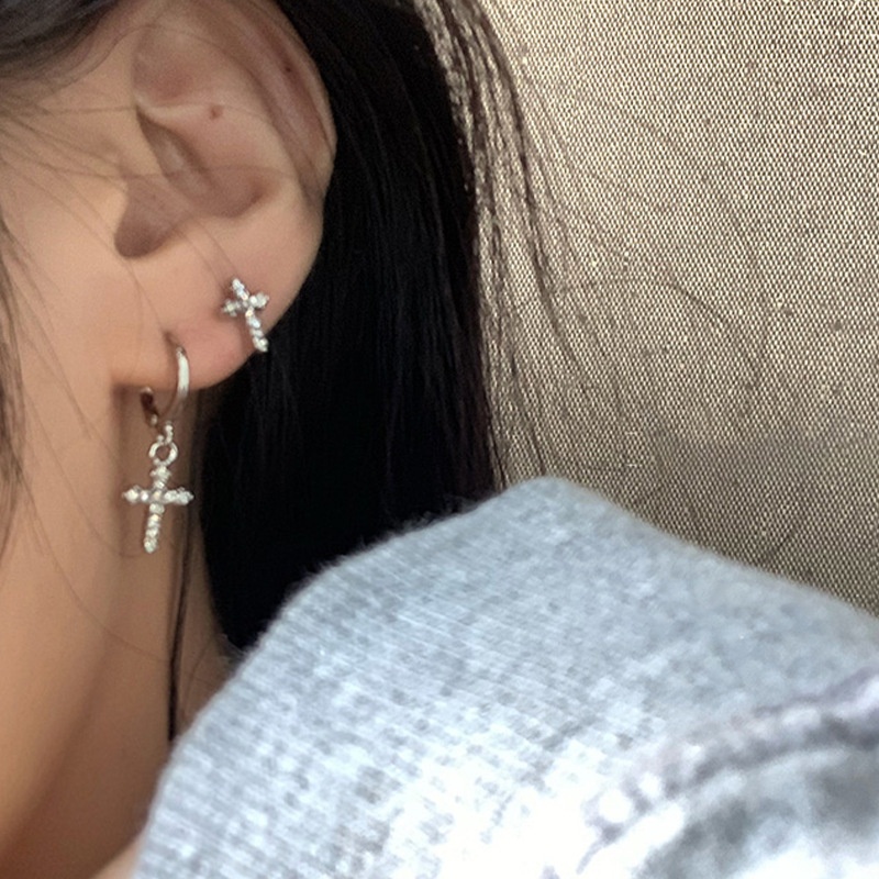 1 Đôi Bông Tai Bạc Hình Thánh Giá Đính Đá Zircon Không Gây Dị Ứng Cho Nữ